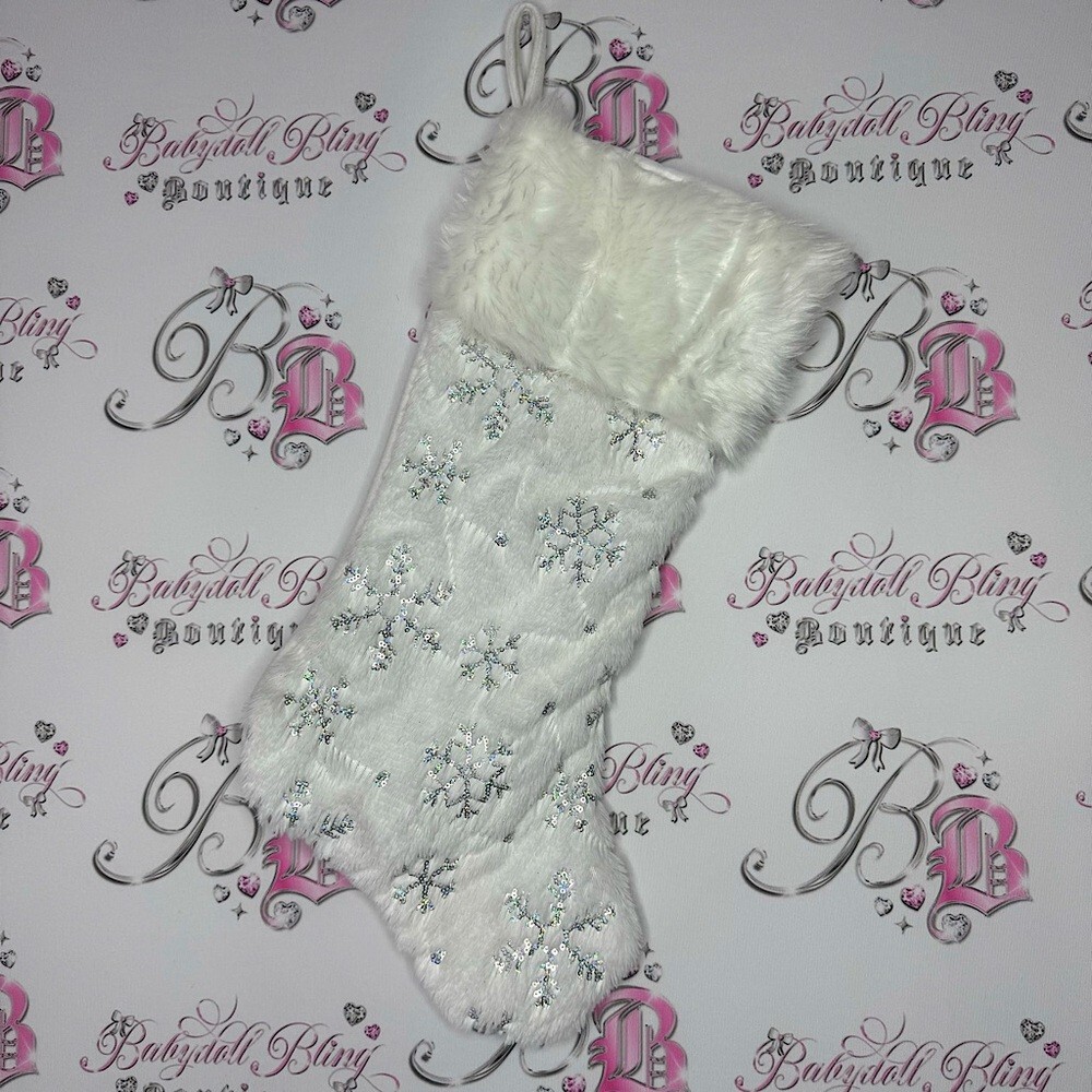 Stocking sparkly snow flakes holographic sequins furry white hanging Christmas